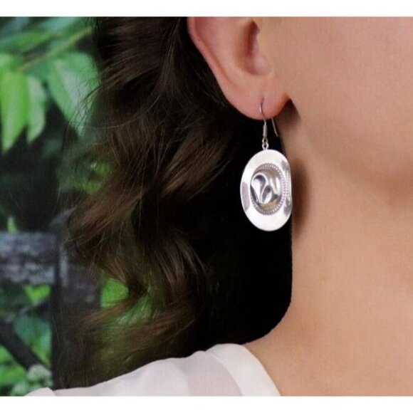 Sterling Silver Cowboy Hat Earrings Dangle Drop - Picture 2 of 5
